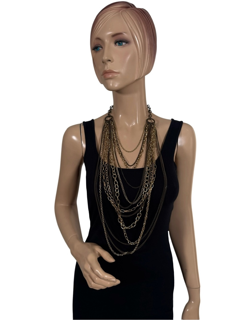 Robert Rose Multi Chain Bib Statement Necklace Gold Gunmetal OS